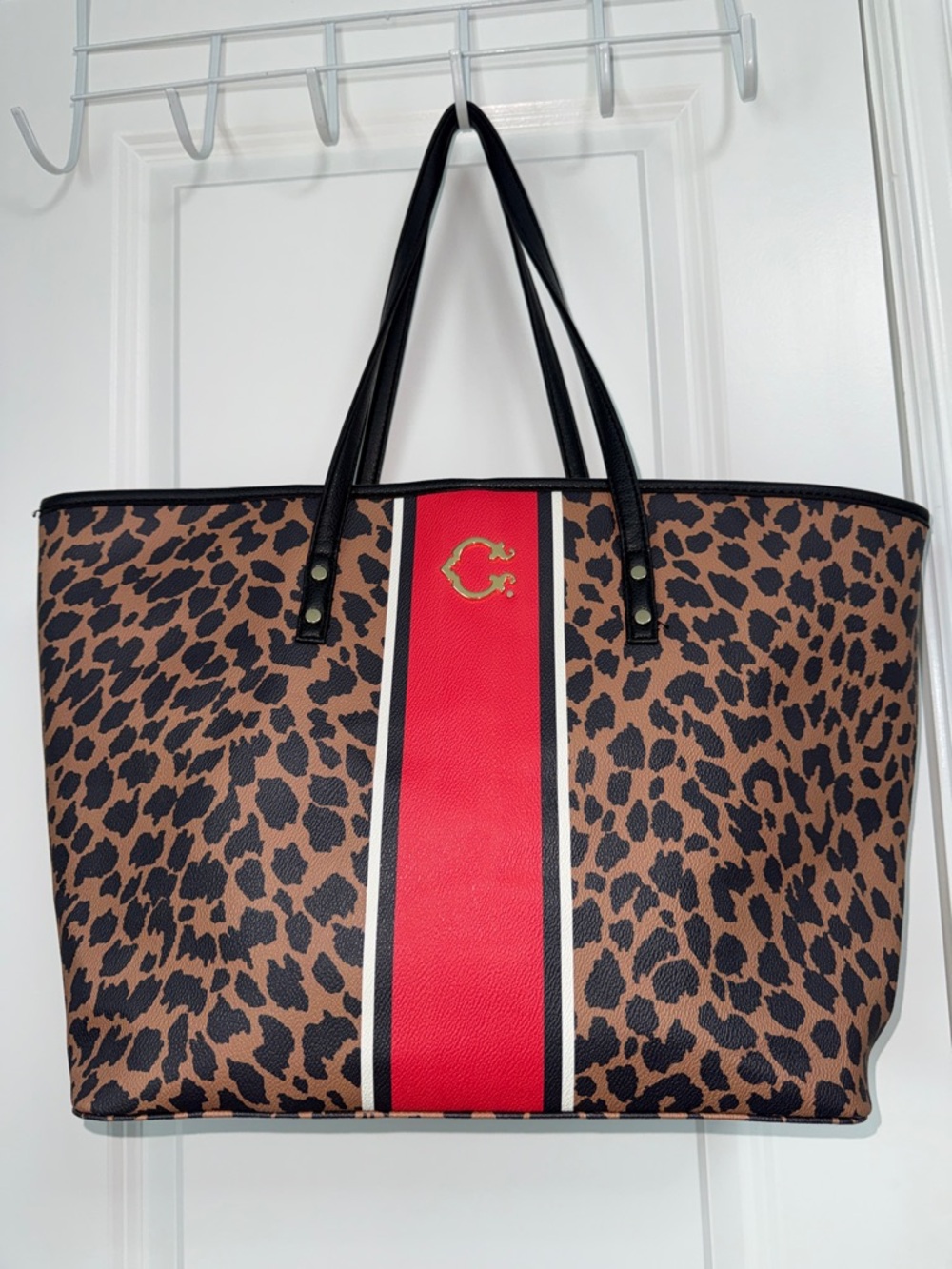 C. Wonder Leopard Print Tote with Red Center Stripe and Black Trim